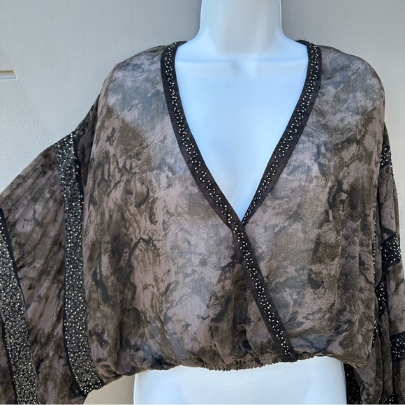 Free People Cropped sheer embellished beaded bell sleeves dye blouson top sz XS - Picture 2 of 15